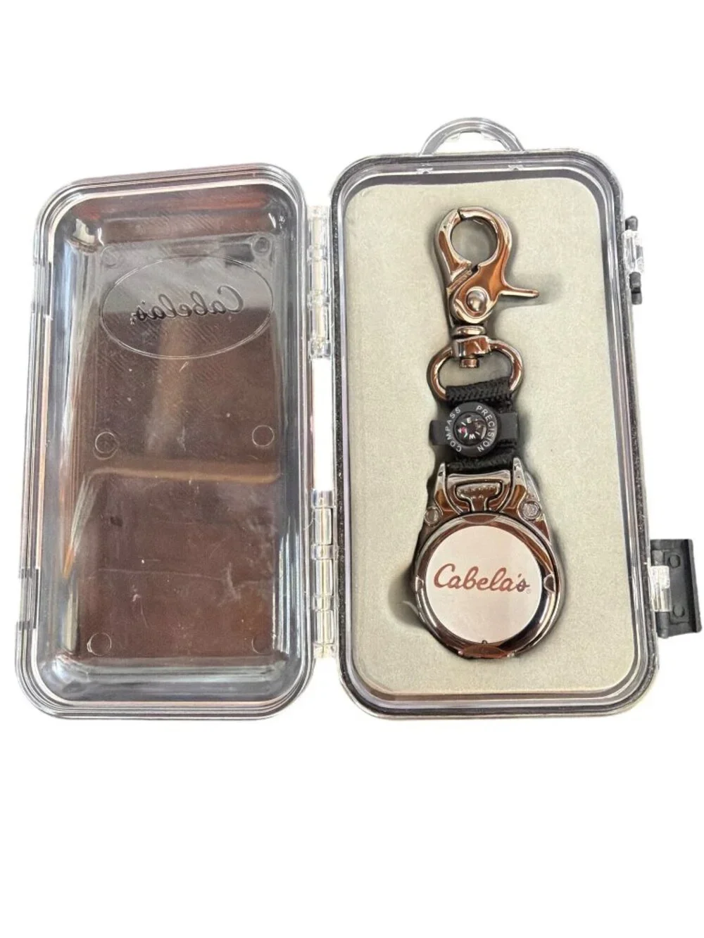 Cabelas Precision Compass Quartz Watch Keychain With Storage Box